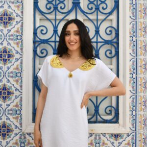 white dress-embroidered with gold silver threads