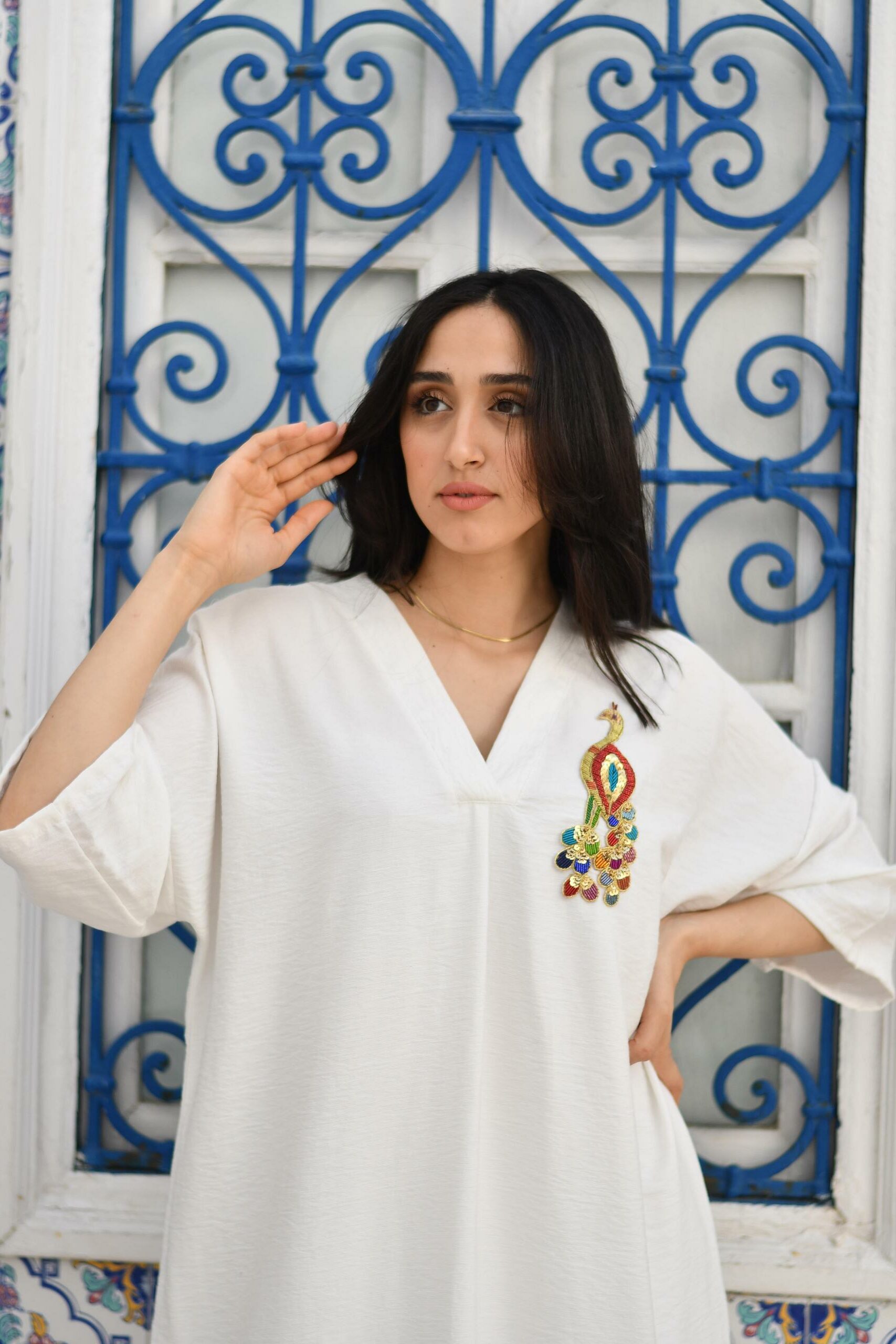 White dress - embroidered with sequins and silver threads